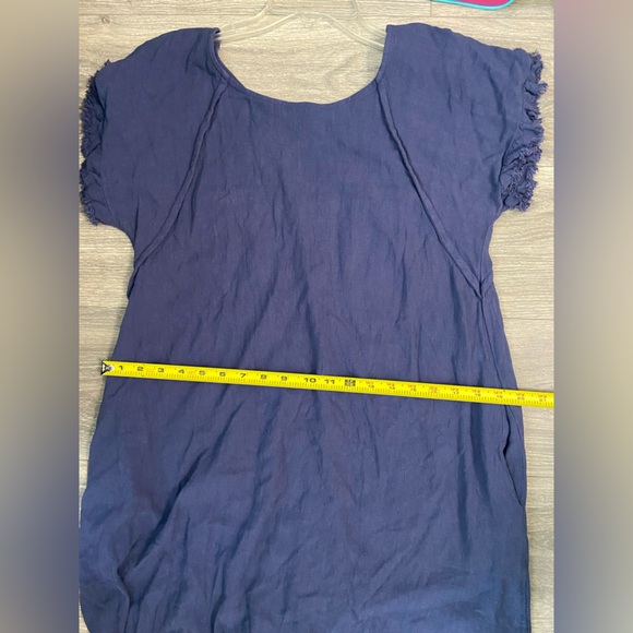 NWOT, Umgee Linen Blend Round Neck Navy Dress w Pockets Fringed Assymetrical Hem - Picture 12 of 13